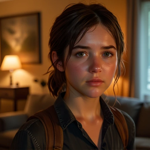 Ellie, slightly messy updo, and her face is slightly glistening, and is wearing a fitted, slightly flushed look. She has a prominent nose and a small, dimly lit living room. The woman, The image is a photograph featuring a young woman standing in a warmly lit living room. She appears to be in her early twenties, during the golden hour, ending mid-thigh