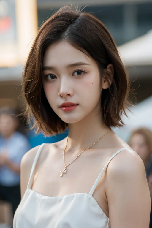 masterpiece, best quality, ultra-detailed, ultra high res, (photorealistic:1.4), raw photo, (realistic:0.2), 8k HDR, neutral lighting, looking at viewer, 1girl, solo, short hair, asymmetrical hair, outdoor, sky, (traditional market:1.2), bokeh, (detailed lips), (day), (detailed pores), (detailed skin textures), (detailed face:1.2), (body shot:1.2), cowboy shot, a woman portrait in a sundress, necklace,
