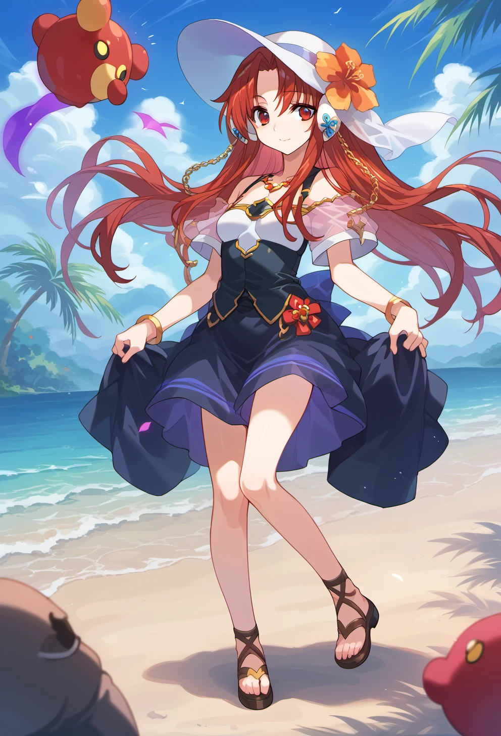 score_9, score_8_up, score_7_up, source anime, willis fujisaki, 1girl, long hair, red hair, bracelet, red eyes, braid, earmuffs, very long hair, Bralette bikini, Beach dress, Sun hat, Beach sandals, (beach, palm trees:1.3), beach, clear water,(blue sky, cumulonimbus:1.3),(starfish, seashell:1.2),(island),(hibiscus:1.4), <lora:willis_fujisaki-xl-pony-v1:1>,