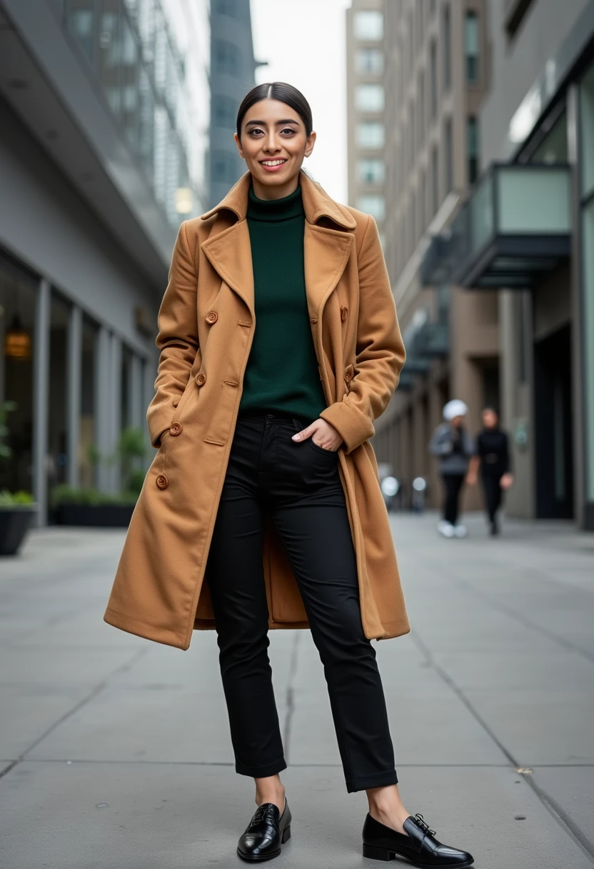 Create a sophisticated portrait of a confident woman in a stylish urban setting. Use a contemporary fashion photography style inspired by Annie Leibovitz. The subject is wearing a smart, knee-length trench coat in a rich camel color, buttoned up, with the collar slightly popped. Underneath, glimpses of a forest green turtleneck sweater are visible. She's sporting tailored black trousers and polished oxford shoes. Her hair is styled in a sleek, professional updo. The woman stands confidently in front of a modern city backdrop with sleek architecture, wearing a warm, self-assured grin. Employ dramatic lighting to create depth and contrast, highlighting her facial features and the textures of her outfit. Use a color palette of warm camel, deep green, and city grays to create a powerful yet approachable atmosphere. Focus on capturing the subject's confident posture and her engaging, friendly smile