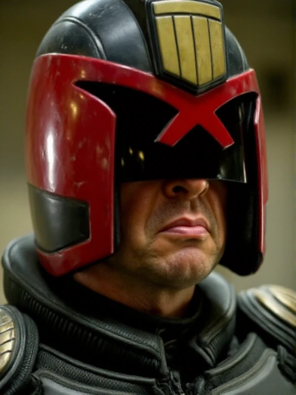 Dredd, a man wears a helmet and a uniform. Closeup face portrait <lora:Dredd:0.9>