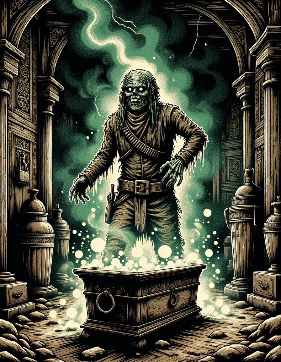 spine-chilling scene of a mummy's curse being unleashed in an ancient tomb. The tomb is filled with intricate carvings, sarcophagi, and ancient relics. The mummy, wrapped in decaying bandages, rises from its sarcophagus, its eyes glowing with an eerie green light. The air is thick with dust, and the walls seem to close in as the curse takes hold.
<lora:Western_Comic:0.8>