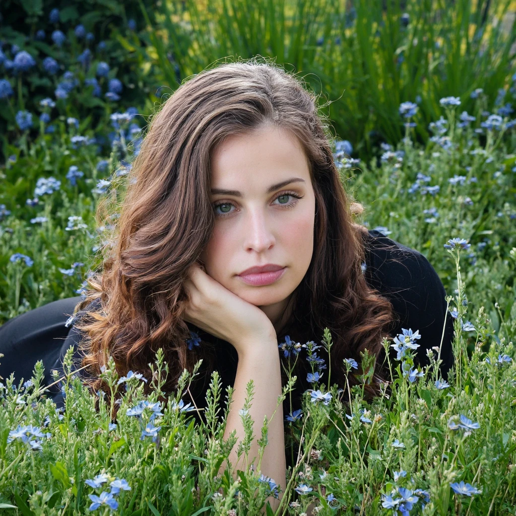 A portrait of heida_reed lying in a field of vibrant green grass and wildflowers. She has long, wavy brown hair and striking green eyes. Her lips are slightly parted, and she wears a black top. Her hand rests gently on her cheek, and her gaze is directed away from the camera. The background is filled with green foliage and small blue flowers, creating a serene and ethereal atmosphere. The image style is candid and natural, capturing a moment of tranquility.