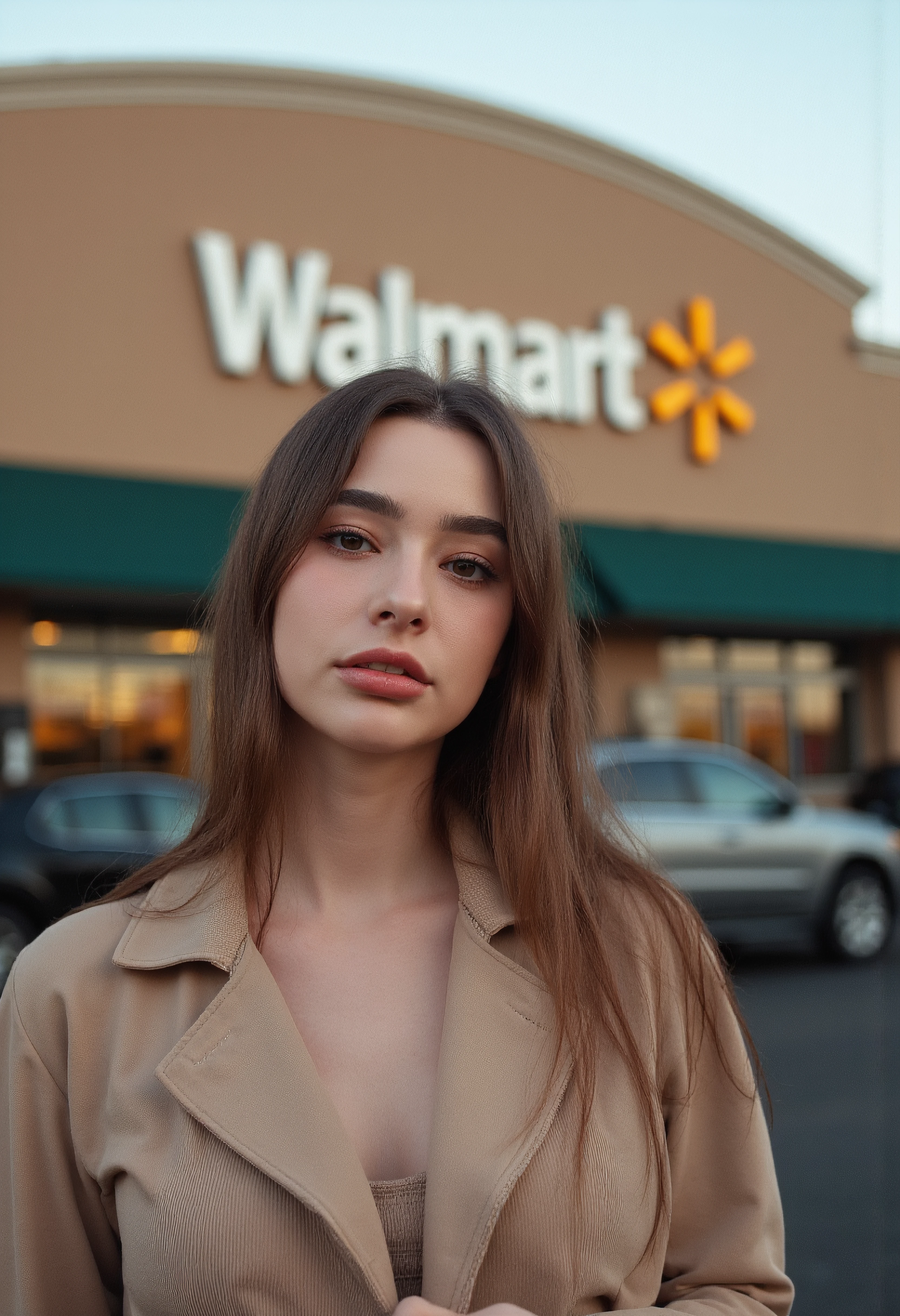 portrait of a Woman, she is posing in front of a walmart store