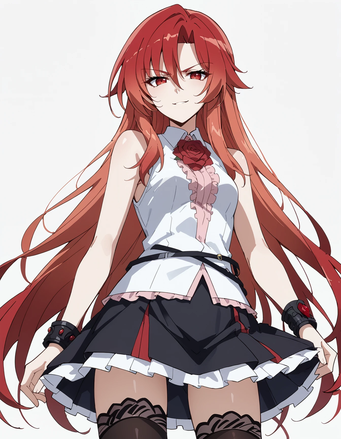 (score_9, score_8_up,score_7_up,source_anime,anime),solo,1girl, <lora:Lisara:0.9> Lisara, long hair,red hair,very long hair,red eyes,((small breasts,single wristband)),sleeveless shirt,white shirt,(frills),black skirt,short skirt,black thighhighs,rose,bare shoulders 
,smirk
BREAK
,simple background
BREAK 
looking at viewer   <lora:NoctFlatStyleV4:0.6>