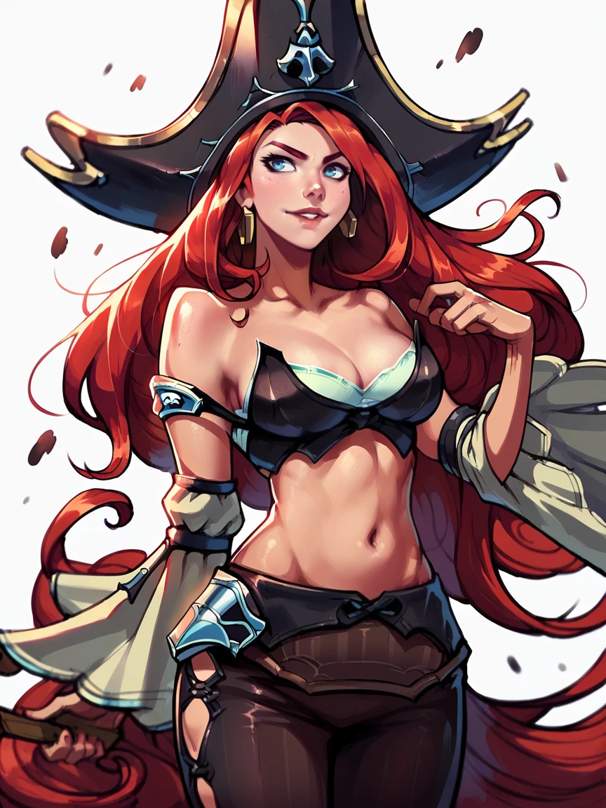 score_9, score_8_up, score_7_up, score_6_up, score_5_up,   <lora:MFXLP:1> mf, 1girl, long hair, red hair, pirate hat, midriff, detached sleeves, blue eyes, cleavage, white background,