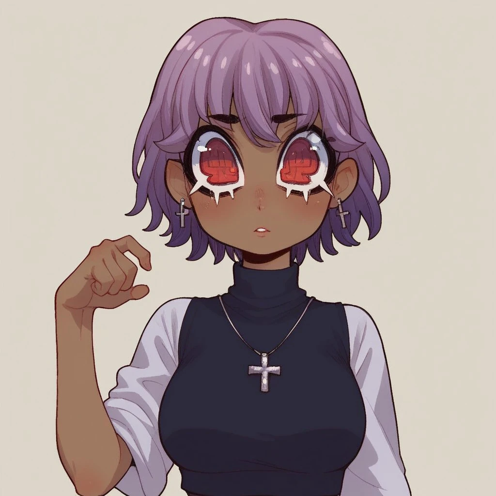 Expressiveh, score_9,score_8_up,score_7_up,verybadimagenegative_v1.3, easynegative, ,1girl, lavender_towne, purple hair, short hair, black turtlenck, >:D, x pupils, mischevious, black turtleneck, tan skin, red eyes, cross necklace, pose, bust shot, rock pose, hands,