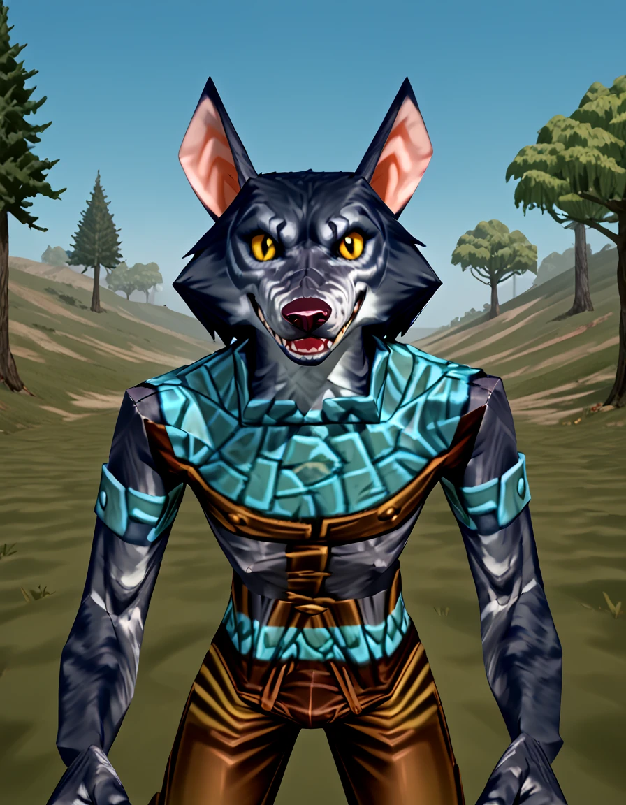 source_furry,  <lora:Blackburrow_Gnoll_-_Everquest_-_1999:1.0> Blackburrow_gnoll, yellow eyes, pointy ears, hunched over, happy, smiling, fists, sharp teeth, long snout, dark gray fur, tattered clothes, patchwork_chest_armor, arm bands, portrait, looking at viewer,, source_cartoon, score_9, score_8_up, score_7_up,