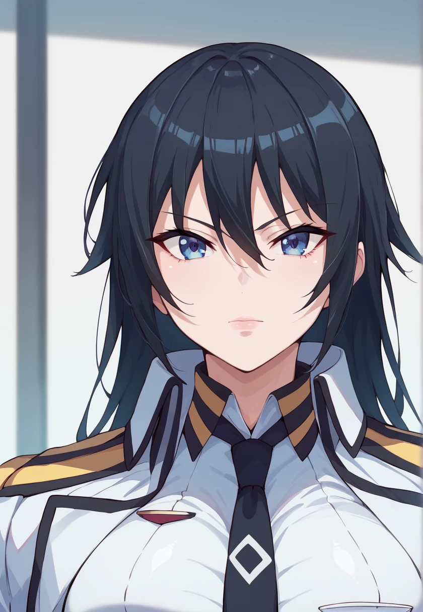 <lora:ReiriHida-10:1> reieihida, long hair, black hair, blue eyes, large breasts, ReiriSuit, school uniform, white shirt, jacket on shoulders, black necktie, military uniform, military, white jacket, coat,, 16k, masterpiece, absurdes, highly detailed, highres, high quality, best quality, score_9, score_8_up, score_7_up, score_6_up, shiny, shiny skin, shiny hair, looking at viewer, portrait, upper body, close-up,