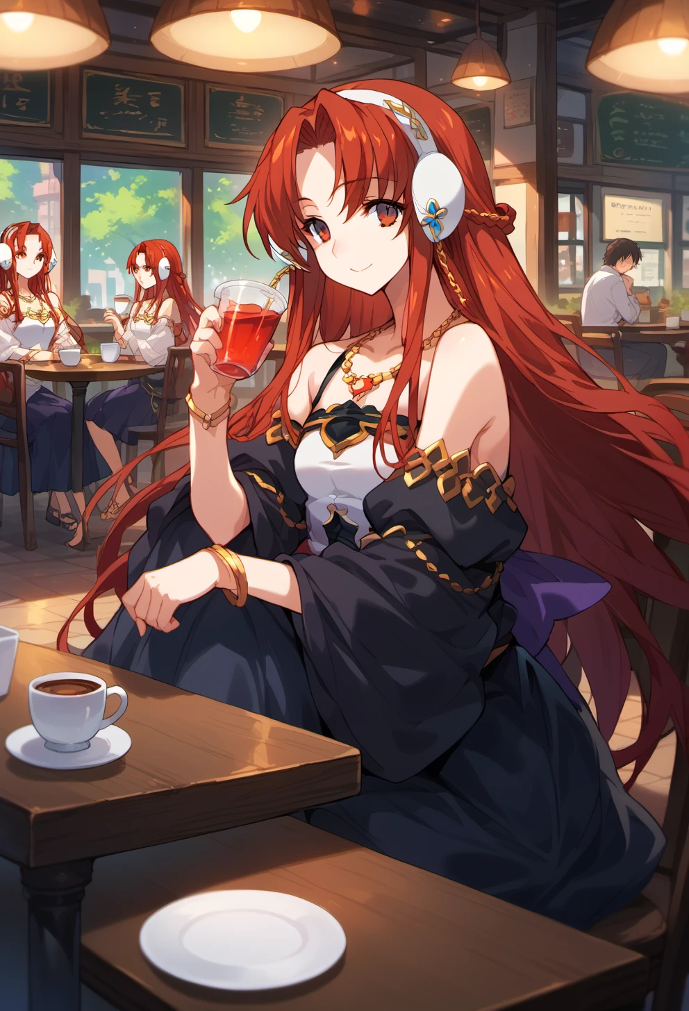 score_9, score_8_up, score_7_up, source anime, willis fujisaki, 1girl, long hair, red hair, jewelry, dress, bracelet, red eyes, bare shoulders, necklace, braid, earmuffs, sitting, smile, cafe, table, drinking, cup, multiple others, arms on table, <lora:willis_fujisaki-xl-pony-v1:1>,