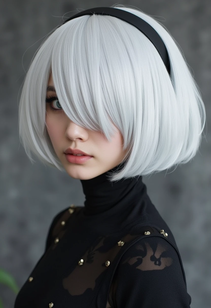 realistic photo, 2B yorha, platinum bob,

