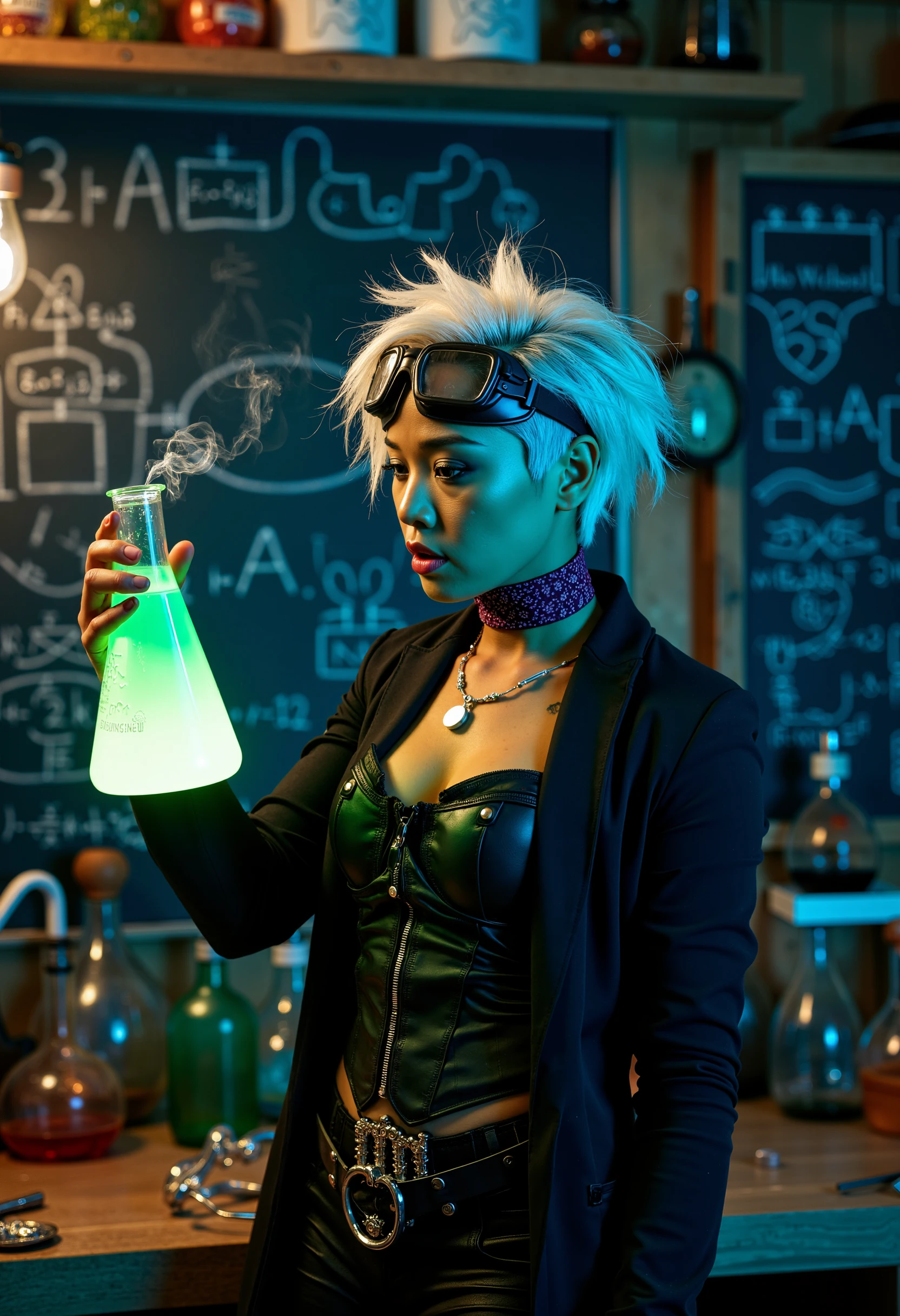 a photo of hngld in a cluttered, steampunk-inspired laboratory. She is wearing goggles that sit slightly askew on the top of her head, and open black lab coat that is unbuttoned at the top to reveal a leather bustier underneath. Her white hair is frazzled and standing on end. She's holding a beaker flourescent glowing liquid, with smoke beginning to stream out the top. A chalkboard extends passed the edges of the photo, and is filled with nonsensical equations and doodles of cats. Her expression is one of confusion and utter disbelief, as she gazes down at the beaker.