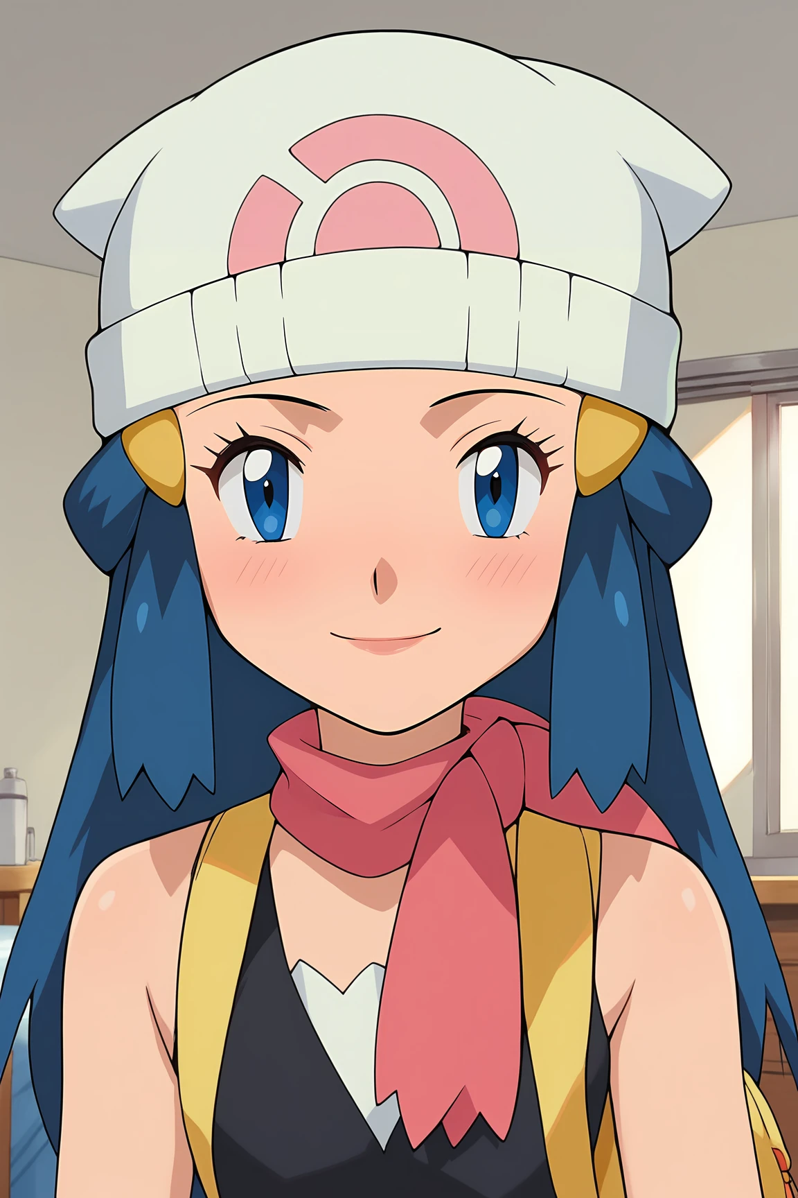 score_9, score_8_up, score_7_up, score_6_up, BREAK, DawnPXL, blue eyes, blue hair, long hair, ornament hair, white beanie, small breasts, yellow bag, pink scarf, sleeveless, black shirt, solo, front view, (portrait, upper body), solo focus, seductive smile, looking at viewer, indoors  <lora:DawnPXL:1>