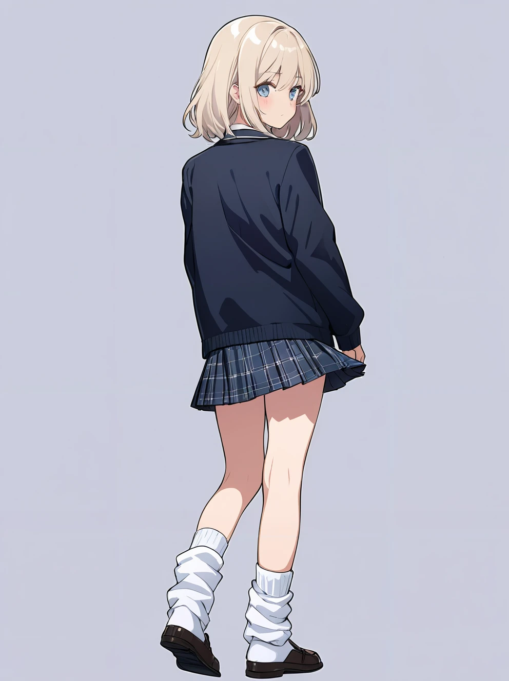 masterpiece,ultra-detailed,best quality,8K,illustration,cute face,clean skin ,shiny hair,girl,ultra-detailed-eyes,simple background, <lora:add-detail-xl:1> <lora:loose socks_XL_V2.0:0.8> loose socks, school uniform, skirt,from behind