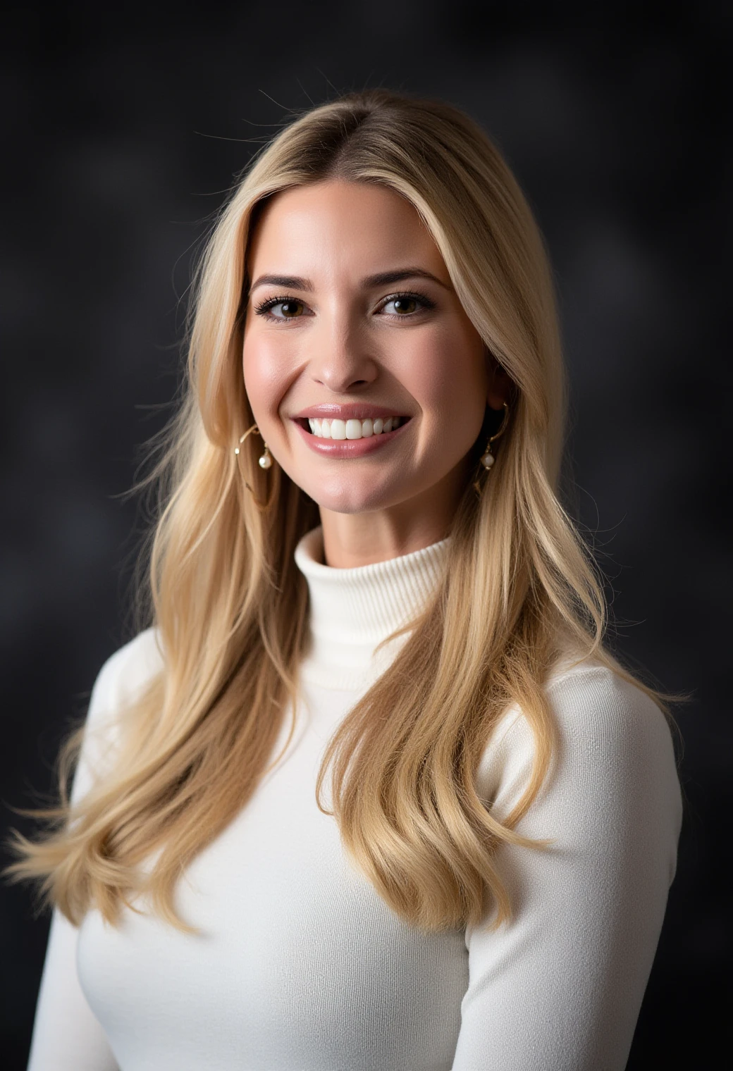 A professional portrait photo of ivankatrump, a tall woman. She has long blonde hair. She is wearing gold hoop earrings. She is looking at the viewer and she is smiling. She is wearing a knit white turtleneck sweater. The background is blurry and shows a dark photo studio canvas. The photo is professionally lit. 