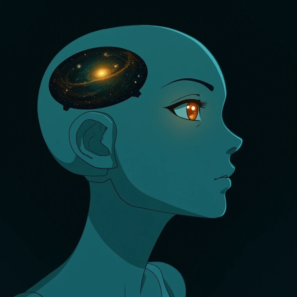 Anime screencap featuring a Minimalist and abstract side profile of a robot woman with a universe sprouting from her mind as she opens her eyes and attains consciousness for the first time in the dark. She has beautiful and intelligent bright orange eyes brimming with knowledge and benevolence. Mostly in hues of blue and green. , <lora:Lilly_Rose_Depp_FLUX_v1-000040:1>