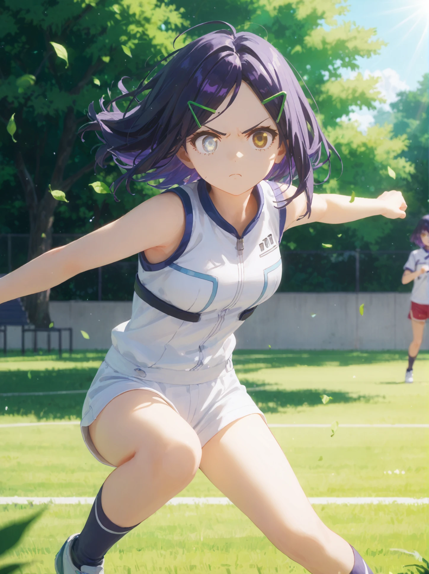 (Masterpiece:1.3), (best quality:1.2), score_9, score_8_up, score_7_up, 1girl, solo, <lora:Angel_Usukubo:1>,hait clip, half-body view, short purple hair, yellow eyes with heterochromia, wearing a sporty outfit, throwing a frisbee in a park, mid-action pose with one arm extended, determined and focused expression, grass and trees in the background, sunlight filtering through the leaves, wind lightly blowing through her hair, dynamic posture with a sense of movement, vibrant green and blue tones, soft shadows and highlights on her face and clothes, energetic and fun atmosphere, playful summer scene with bright natural light.