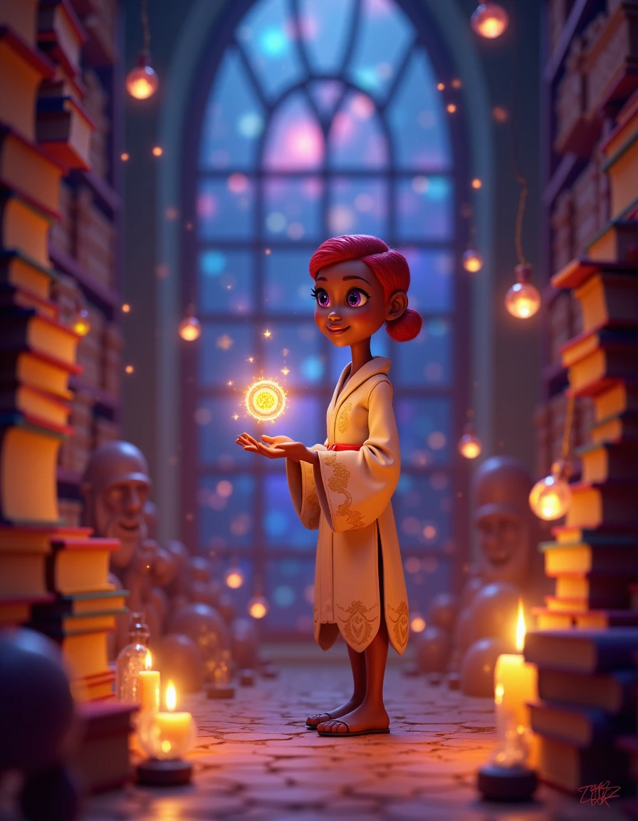 Render the scene in a smooth, colorful, and whimsical style reminiscent of Pixar animation. Characters should have soft, rounded features with expressive faces and exaggerated proportions. The environment should be bright, playful, and rich in color, with soft lighting and smooth textures. Shadows and highlights should be subtle, and the overall aesthetic should evoke warmth, charm, and a sense of wonder, while maintaining clear detail in every element.Sarabi, a beautiful woman with very dark african skin, athletic body type, and freckles, and close cropped scarlet red hair and expressive lavender purple eyes,Picture her in a cosmic setting, floating inside a mystical library with ancient, levitating tomes swirling around her. She’s wearing a flowing robe adorned with ethereal patterns that glow faintly in the low light. The background features vast starry windows showing nebulae and distant galaxies. Her expression is one of curiosity and deep concentration as she reaches out to touch a floating rune glowing with arcane energy.