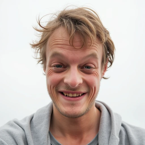 a selfie of a man, has an angular face with a strong, well-defined jawline. His skin is fair, with freckles scattered across his nose and cheeks, typical of someone with (((red hair))). His hair is a vibrant ((red)), slightly wavy and thick, cut short on the sides and a bit longer on top, where he usually styles it back or to the side. His eyebrows are thick and a darker shade of red, well-aligned and arched. His eyes are blue, with a deep and captivating hue, almond-shaped, surrounded by short, light-colored eyelashes. His gaze is penetrating and confident. His nose is straight and proportionate to his face, with a slightly elevated bridge. His lips are medium-sized, with a defined contour and a natural rosy color. When he smiles, he reveals white, well-aligned teeth, and a smile that conveys warmth and friendliness. His ears are medium-sized, slightly set away from his head, with small, discreet lobes. His skin has a smooth texture but is sensitive, prone to redness and sunburn. He usually maintains a short, well-groomed beard, the same red color as his hair, which further highlights the freckles on his face. In terms of clothing, he prefers a casual style, often wearing flannel shirts, jeans, and boots, which match his rugged and practical appearance. A thin, discreet scar crosses his left cheek, adding a touch of history and mystery to his appearance. He generally uses little or no makeup but takes good care of his skin with moisturizing products to prevent dryness