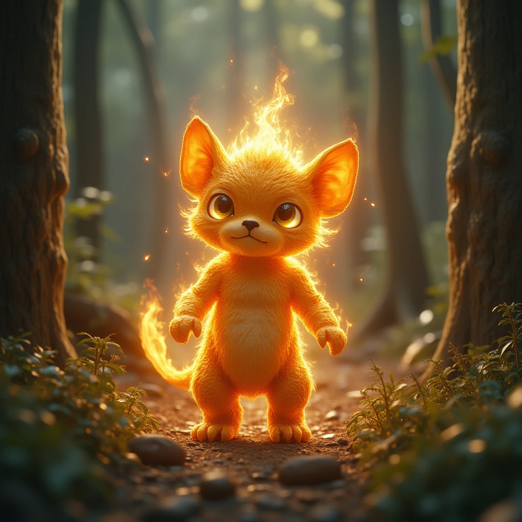 goldenflame,a tiny cute beast walking in forest