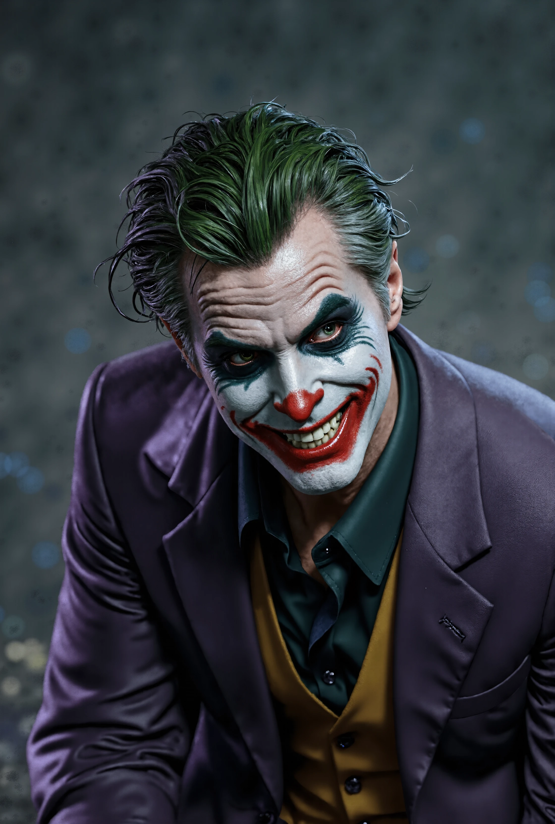 An octane render of Gavin Newsom 

Gavin Newsom as Joker, clown makeup, sinister smile, green hair, purple suit, dark atmosphere, chaotic energy, intense stare, villainous, photorealistic, cinematic lighting, eerie shadows, Gotham-style backdrop, evil grin, menacing expression, bare hands, close-up shot.

A photorealistic portrait of Gavin Newsom transformed into the Joker. His face is adorned with pale white clown makeup, smeared black eyeshadow, and a blood-red grin that stretches across his face, reminiscent of the iconic Joker smile. His green hair is slicked back messily, while he wears a purple suit jacket over a yellow vest and black shirt. He has bare hands, His expression is a mixture of sinister amusement and calculated madness, with a maniacal grin that hints at chaos and destruction. Dark, cinematic lighting casts eerie shadows across his face, enhancing the twisted atmosphere. The background is dark and indistinct, evoking the grim, unsettling feel of Gotham City.