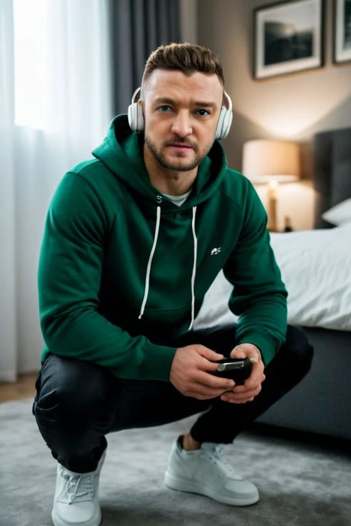 breathtaking cinematic photo masterpiece,highest quality,perfect quality, Justin Timberlake a man <lora:Justin-Timberlake:1>,wearing a green hoddie,squatting on ground,(wearing a wireless white headphones:1.5),holding gampad,in the bedroom,looking at the camera,cozy scene,35mm photograph,film,bokeh,professional,4k,highly detailed . award-winning,professional,highly detailed,. 35mm photograph,film,bokeh,professional,4k,highly detailed . award-winning,professional,highly detailed,