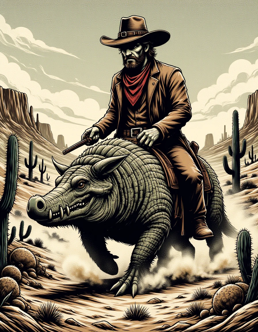 A cowboy with a wide-brimmed hat and a bandana is riding a gigantic armadillo instead of a horse. The desert landscape stretches behind him, with cacti and tumbleweeds rolling in the wind.
<lora:Western_Comic:0.8>