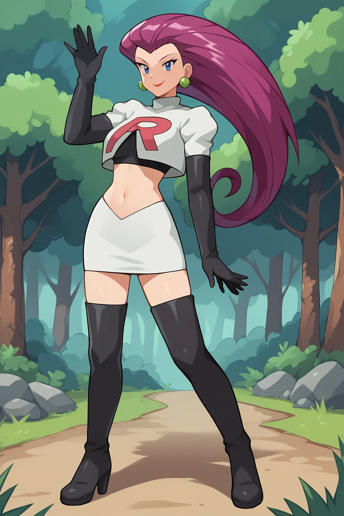 score_9, score_8_up, score_7_up, score_6_up, BREAK, JessiePXL, blue eyes, purple hair, long hair, hair slicked back, earrings, medium breasts, team rocket uniform, white crop top, elbow gloves, black gloves, white skirt, black thigh boots, solo, full body, standing, waving, seductive smile, looking at viewer, forest <lora:JessiePXL:1>