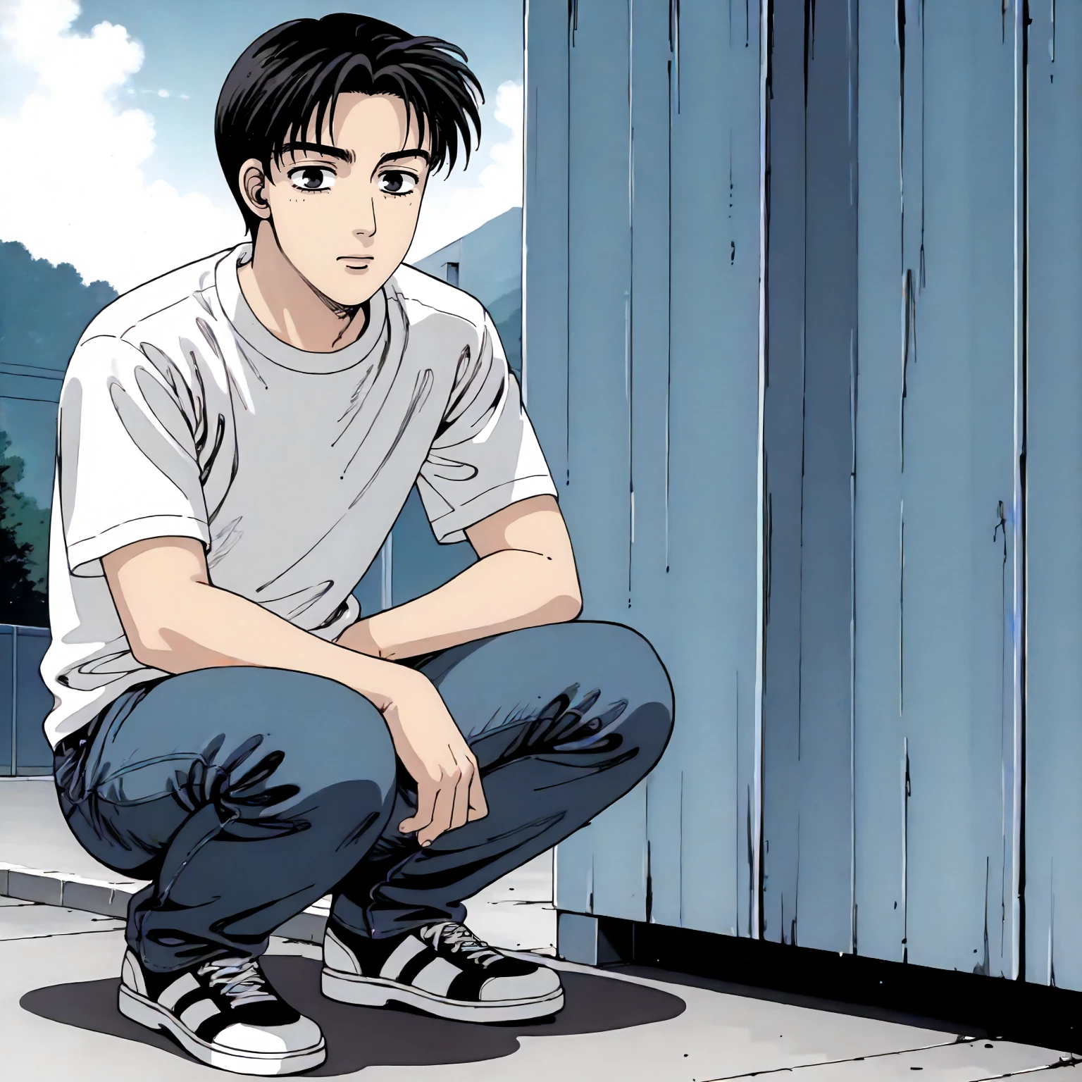 <lora:ID_TakumiFujiwaraXLpony001>,
outdoors,
solo,
TakumiFujiwara,1boy,short hair,black hair,black eyes,
t -shirt,jeans pants,
squatting,