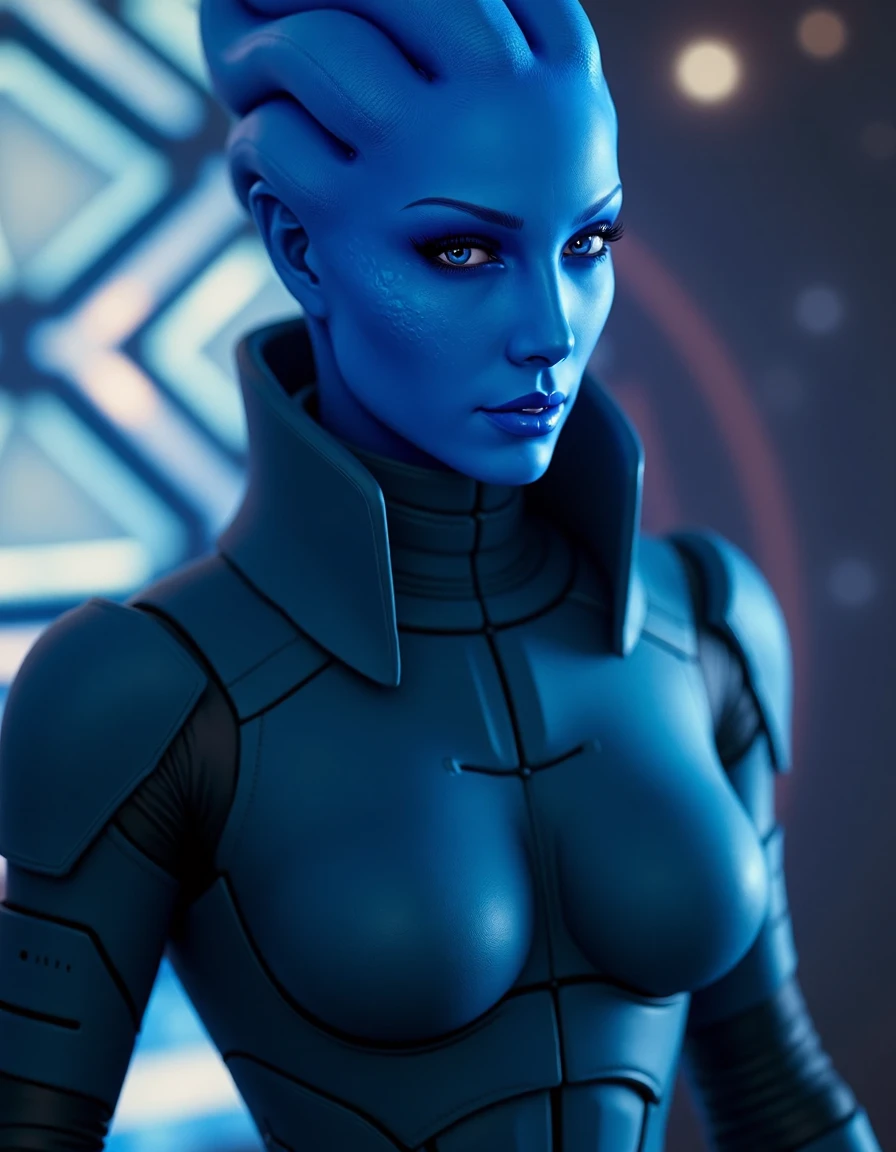 photograph of a blue female asari commando, spaceship, 
 <lora:asari-000012:1>