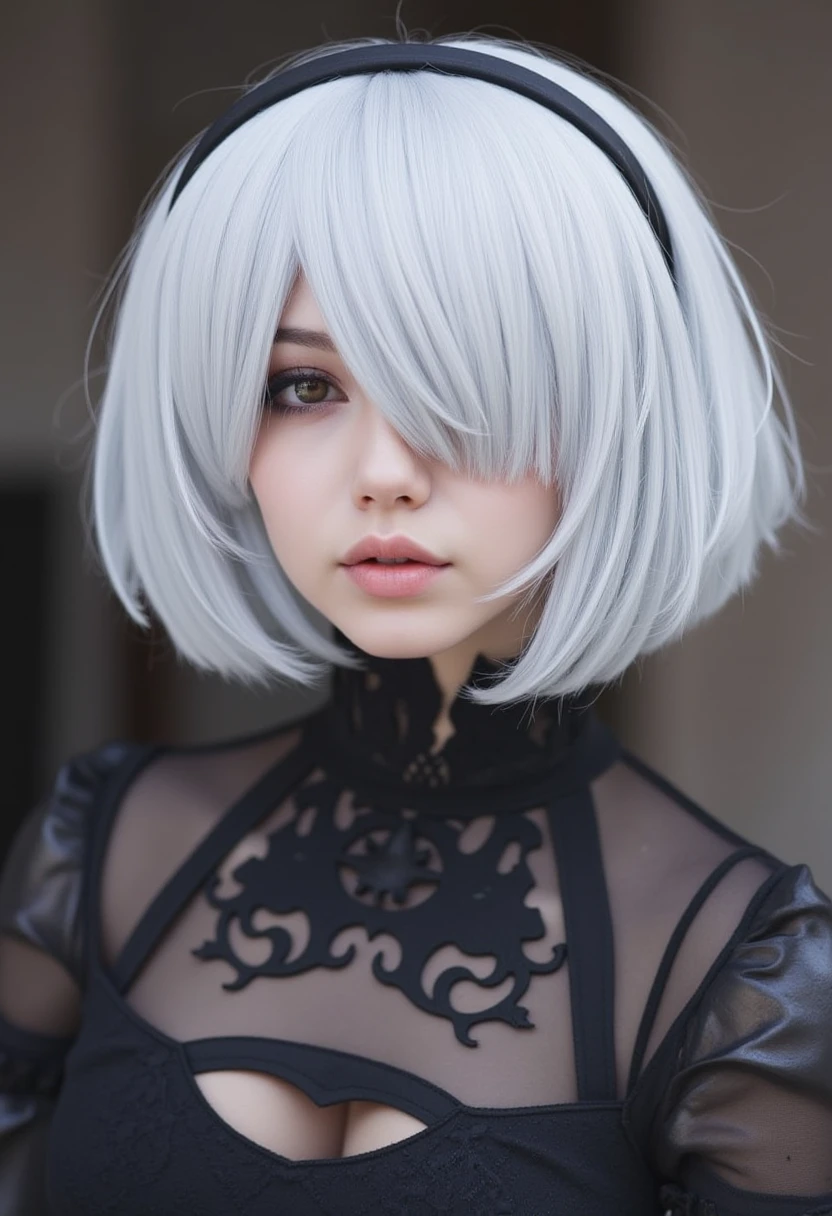 realistic photo, 2B yorha, platinum bob,

