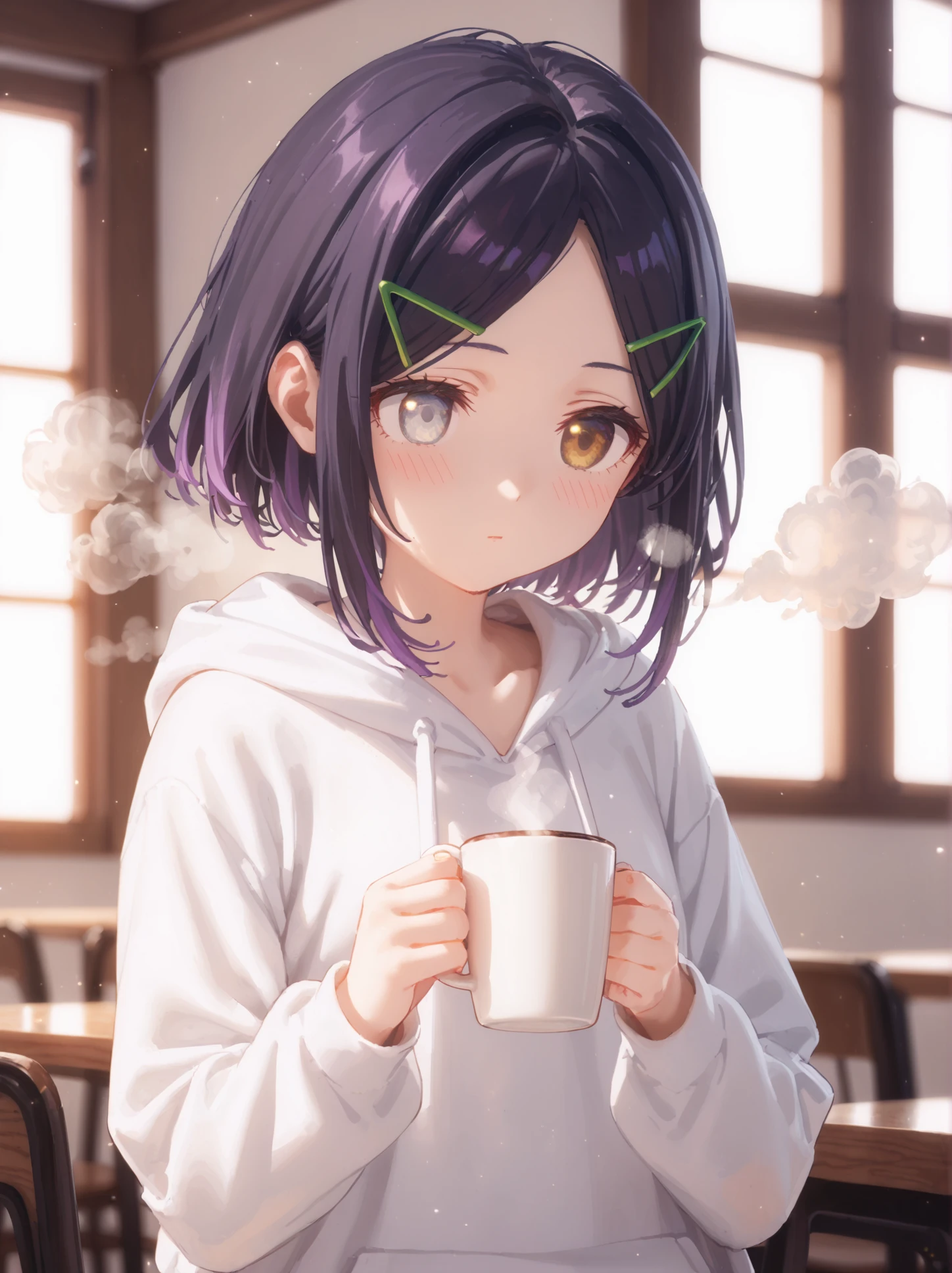 (score_9, score_8_up, score_7_up, 1girl, solo, <lora:Angel_Usukubo:1>,hair ornament, hairclip,  half-body view, short purple hair, yellow eyes with heterochromia, wearing a casual white hoodie, holding a steaming cup of coffee with both hands, standing in a cozy cafe, soft lighting from a nearby window casting gentle shadows, relaxed and warm expression, subtle blush, detailed texture on the hoodie, wooden furniture in the background, peaceful and calm atmosphere, steam rising from the cup, soft shadows and highlights on her face, comfortable and inviting scene.