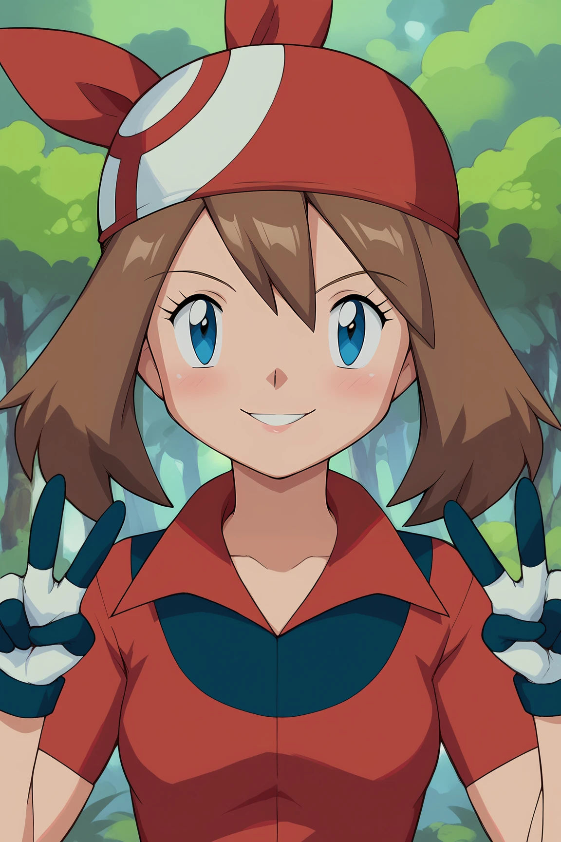 score_9, score_8_up, score_7_up, score_6_up, BREAK, MayPXL, blue eyes, brown hair, short hair, hair between eyes, red bandana, small breasts, red shirt, short sleeves, gloves, solo, front view, peace sign, (portrait, upper body), solo focus, seductive smile, looking at viewer, forest <lora:MayPXL:1>