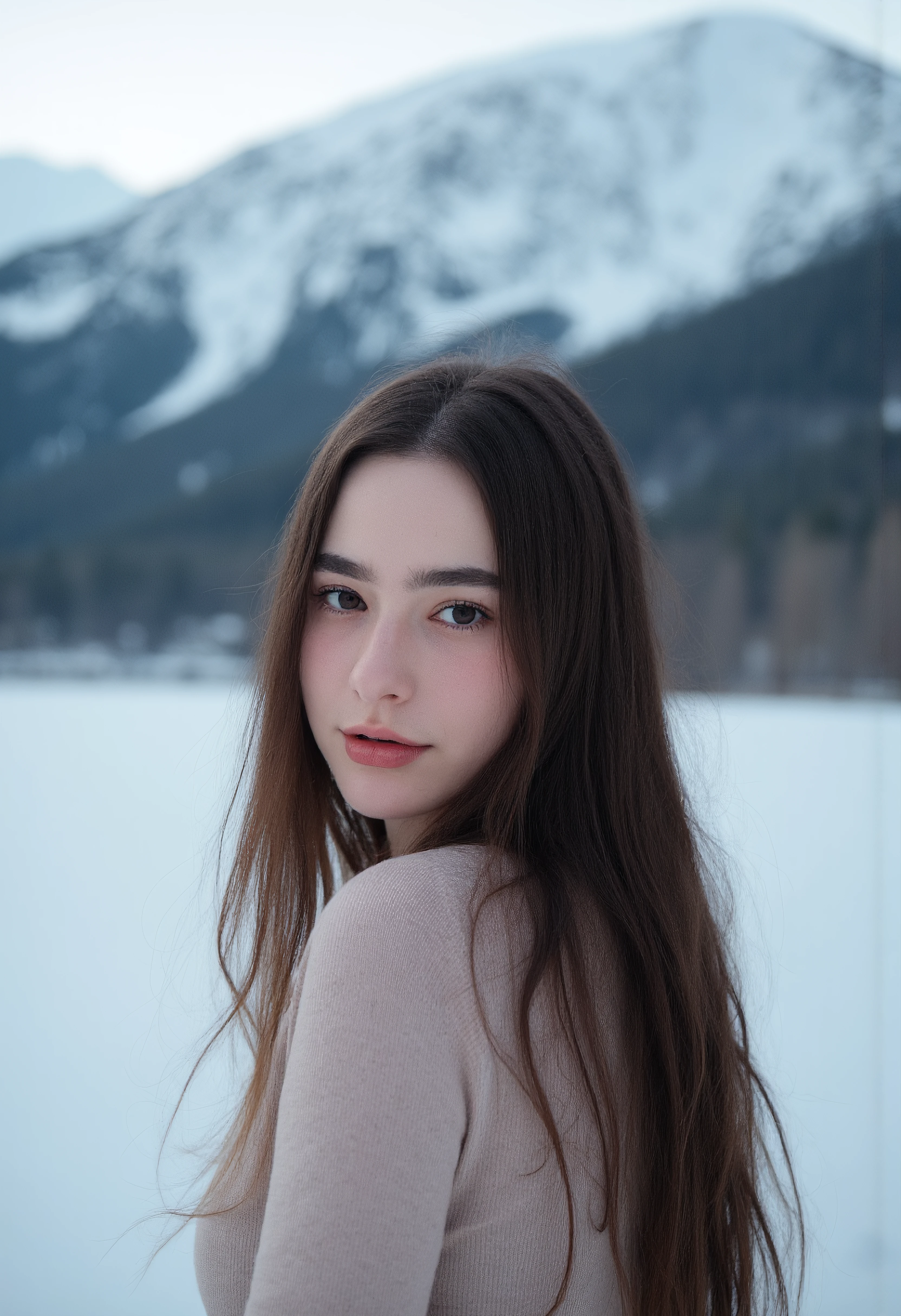 portrait of a Woman, she is posing in front of a snowy mountain, with a neutral expression,