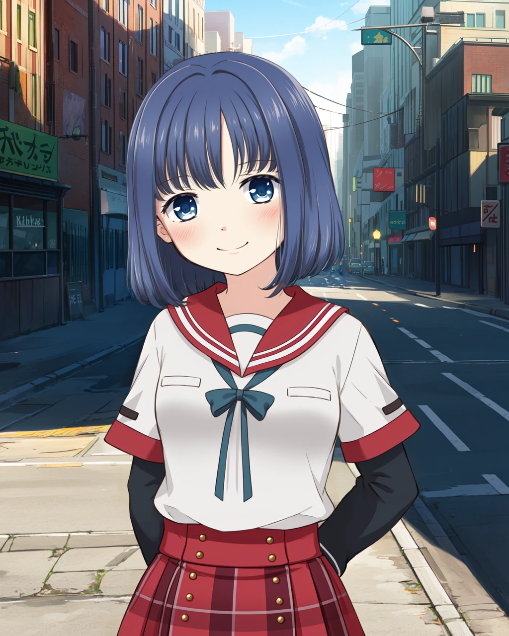 mgrcyoungeryachiyo, 1girl, upper body, medium shot, blue hair, blue eyes, looking at viewer, white with red shirt, long black sleeves, blue bowtie, red striped skirt, serious, hands behind back, light smile, blush, outdoors, city, street, <lora:mgrcyoungeryachiyo:0.8>