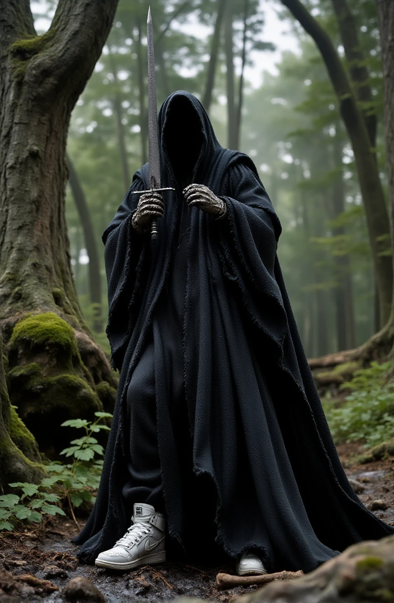 a full body Nazgûl  wearing a cloak is holding a sword with intricate details in the forest. He wears white nike air jordan<lora:Nazgûl:0.9>