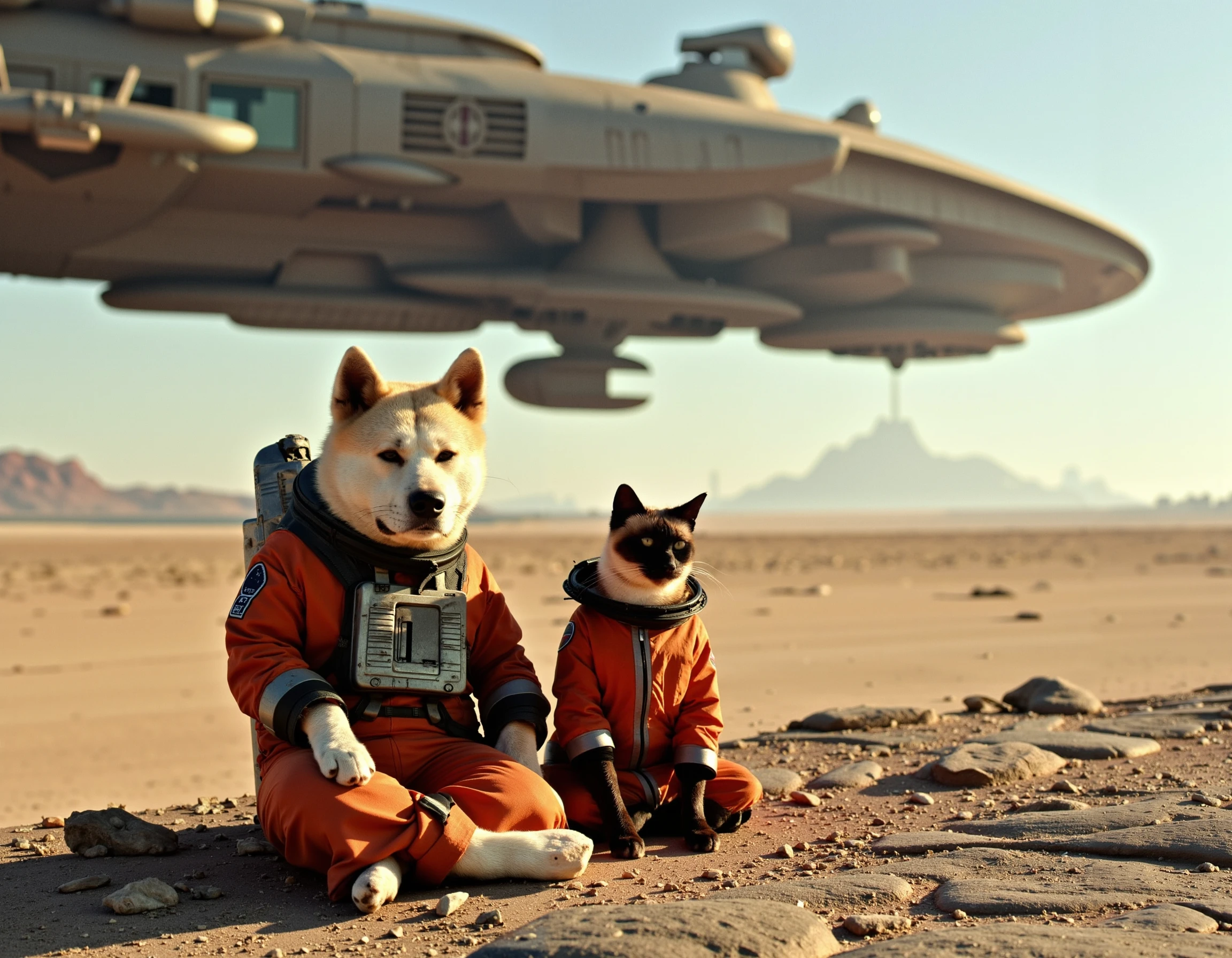 (a massive starship, (hovering just adobe the surface of a desolate alien plane)), (yujin akita inu dog, (wearing vintage spacesuit)) and (lizchu siamese cat,(wearing vintage spacesuit)), they are relaxing