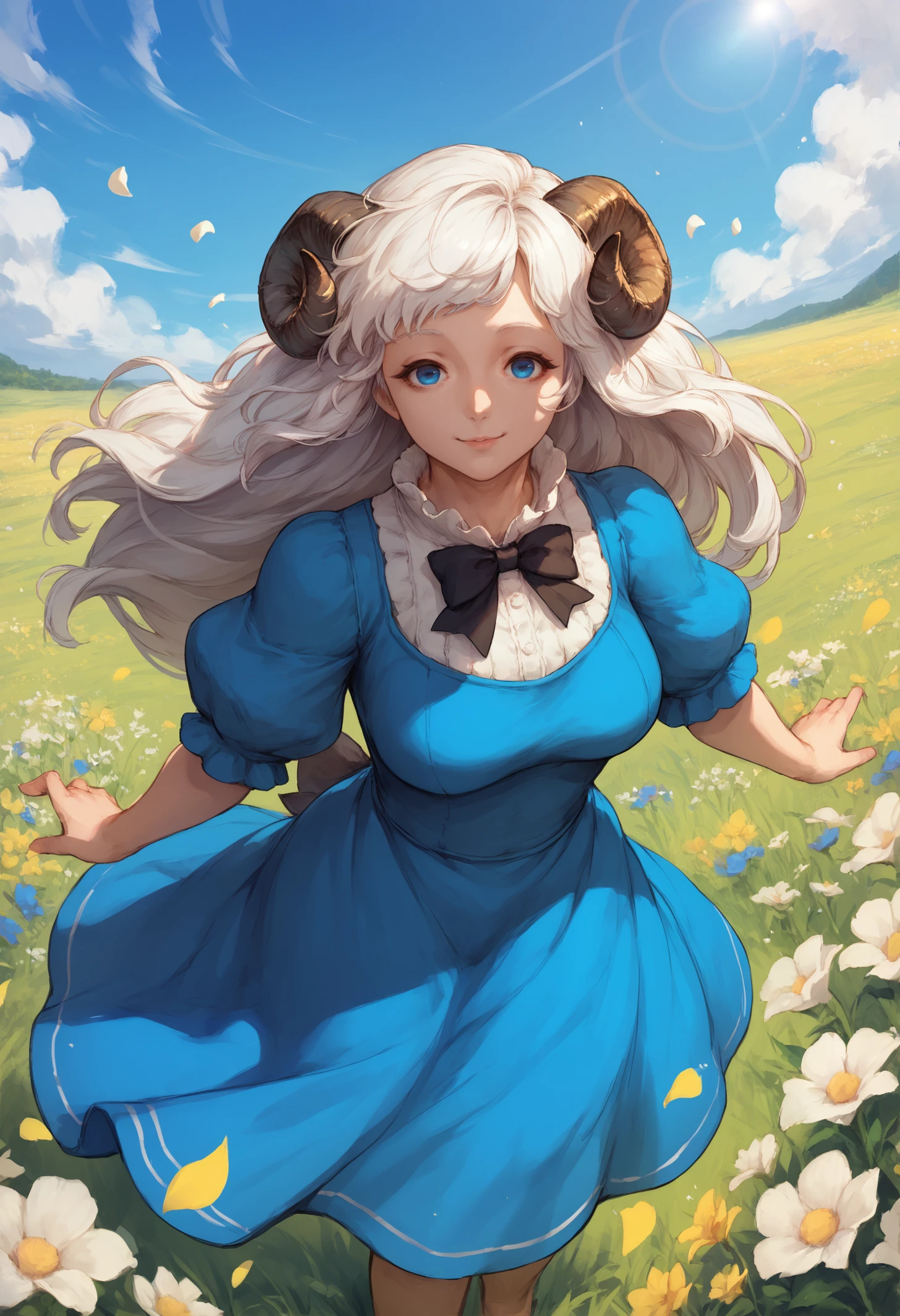score_9, score_8_up, score_7_up, 1girl, sheep girl, sheep horns, blue eyes, long hair, white hair, mature female, milf,
neck tuft, blue dress, frills, puffy sleeves, ribbons, bowtie,
looking at viewer, happy,
outdoors, field, flowers, sunbeam, wind, petals, lens flare, from above, dutch angle,