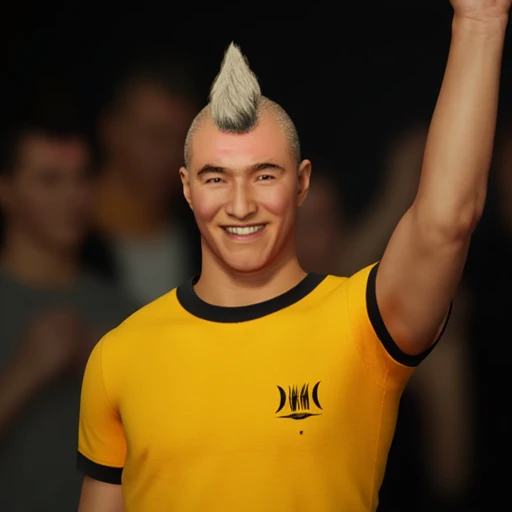 A high quality image of a young man with light skin tone and clean shaved, with pointed chin and , a happy expression, he has a spiky desing or mohawk on the top of his head and the sides of his haistyle is short and neat. Dancing in a disco at night, the light bleeds on his face and wears a yellow shirt with a symbol on his chest.