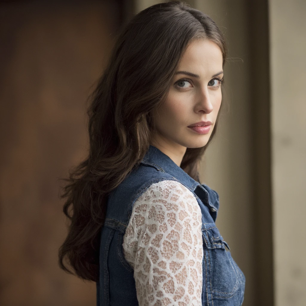 A portrait of heida_reed with long, dark hair, captured in a side profile. She wears a denim vest over a white lace top. The background is blurred, emphasizing the subject. The color palette consists primarily of earthy tones, with the woman's dark hair contrasting the lighter background. The image conveys a contemplative and serene mood.