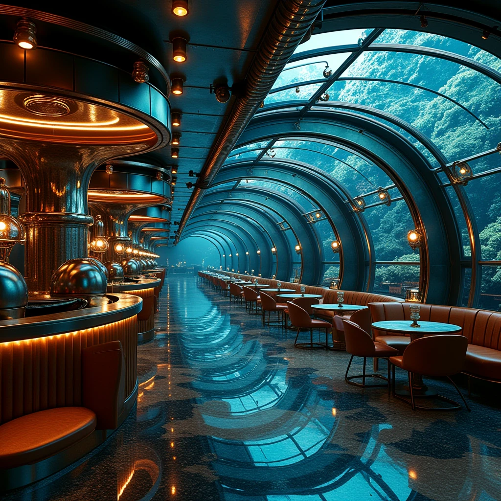 metalcafe8,interior design of a hotel lobby under water