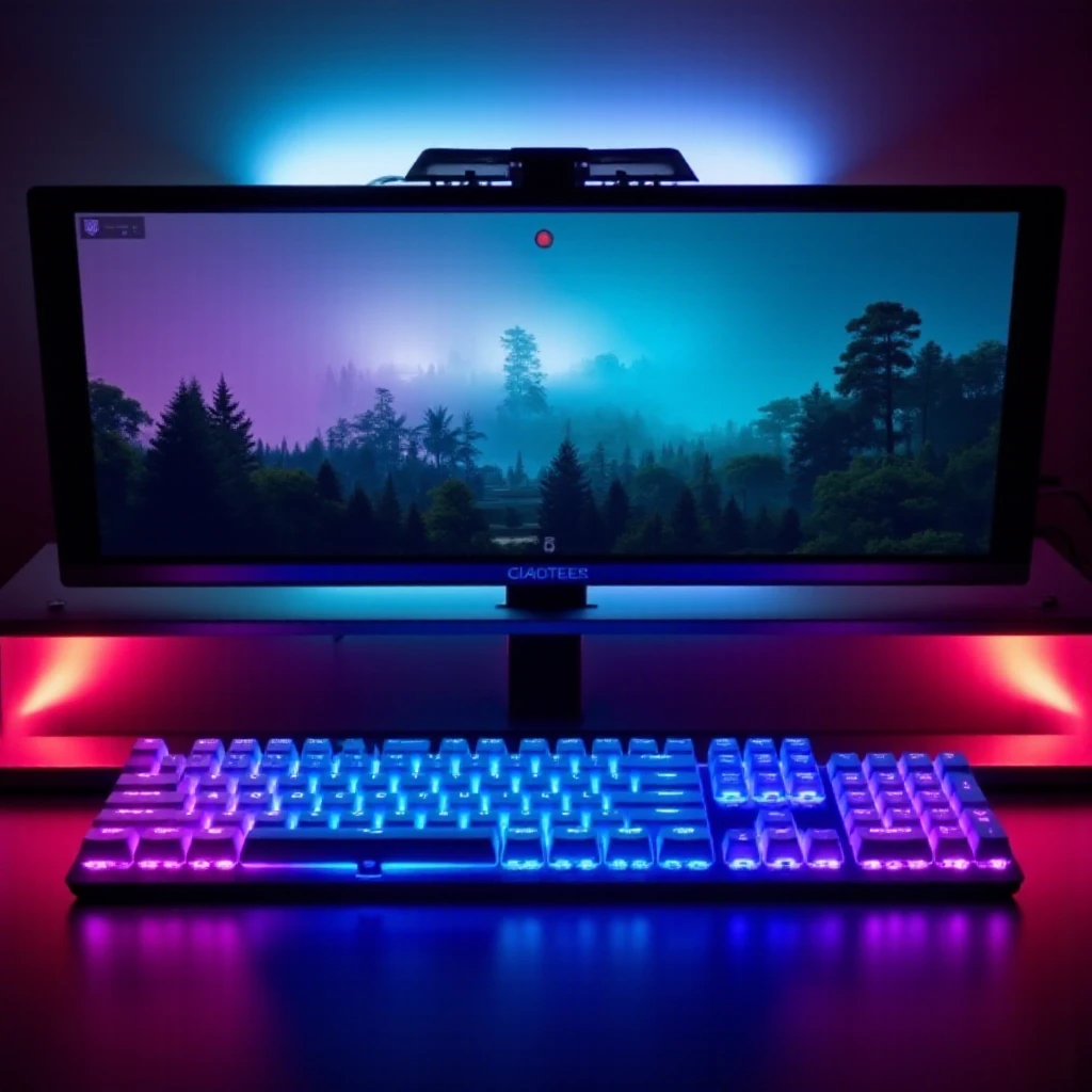 A blue and pink gaming keyboard with, on a wooden desk, with a monitor displaying a game being played in the center of the image,  <lora:Gaming Keyboard FLUX:1> highest quality, crystal clear, front view