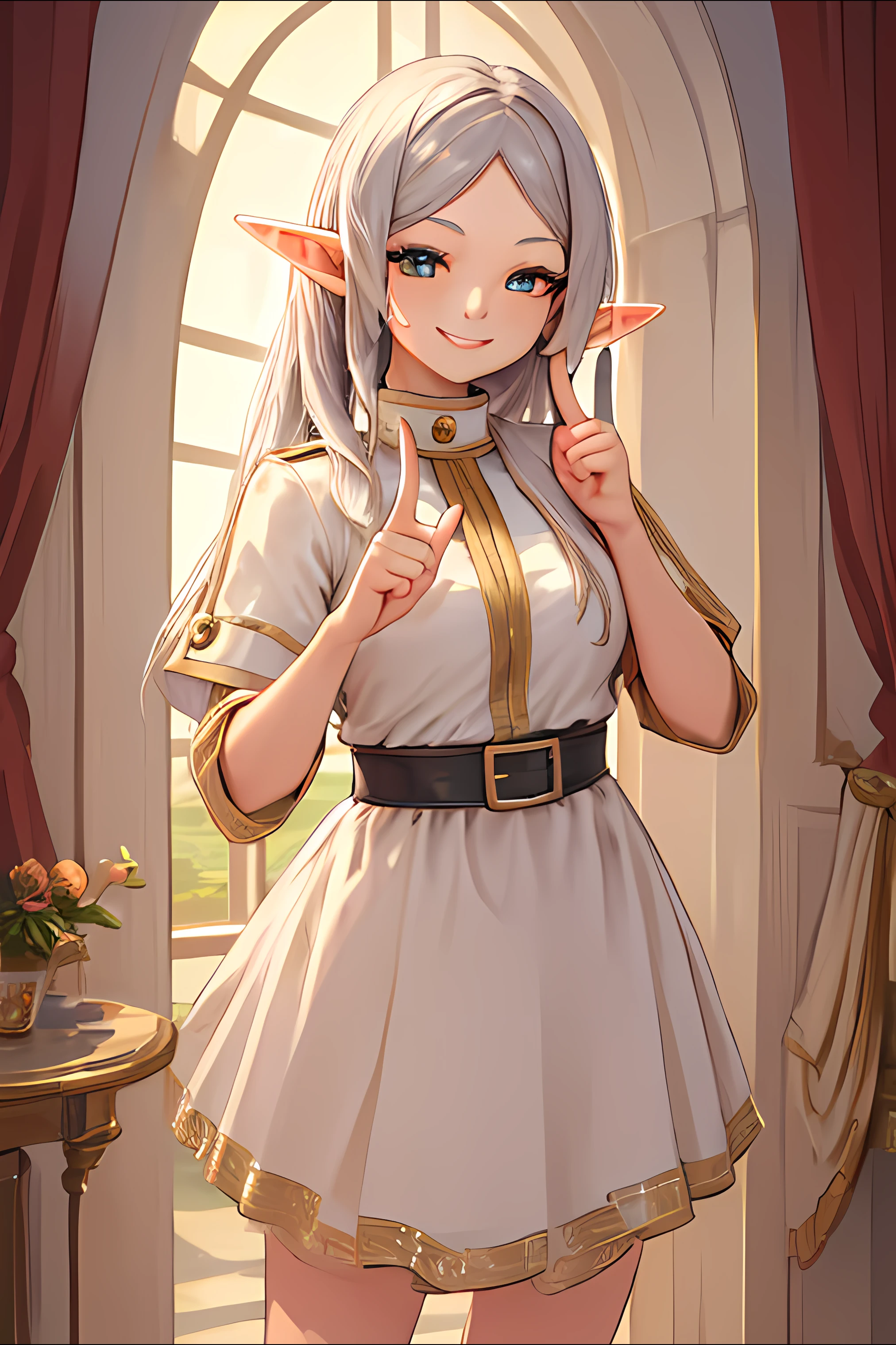 (masterpiece), high quality, intricate detail, extremely detail, 1girl, solo, frieren, elf, standing, confident, lightly smile, pointing forward, finger gun, beautiful hands, beautiful fingers, <lora:pointing_-_finger_gun:0.7> <lora:frieren:1>