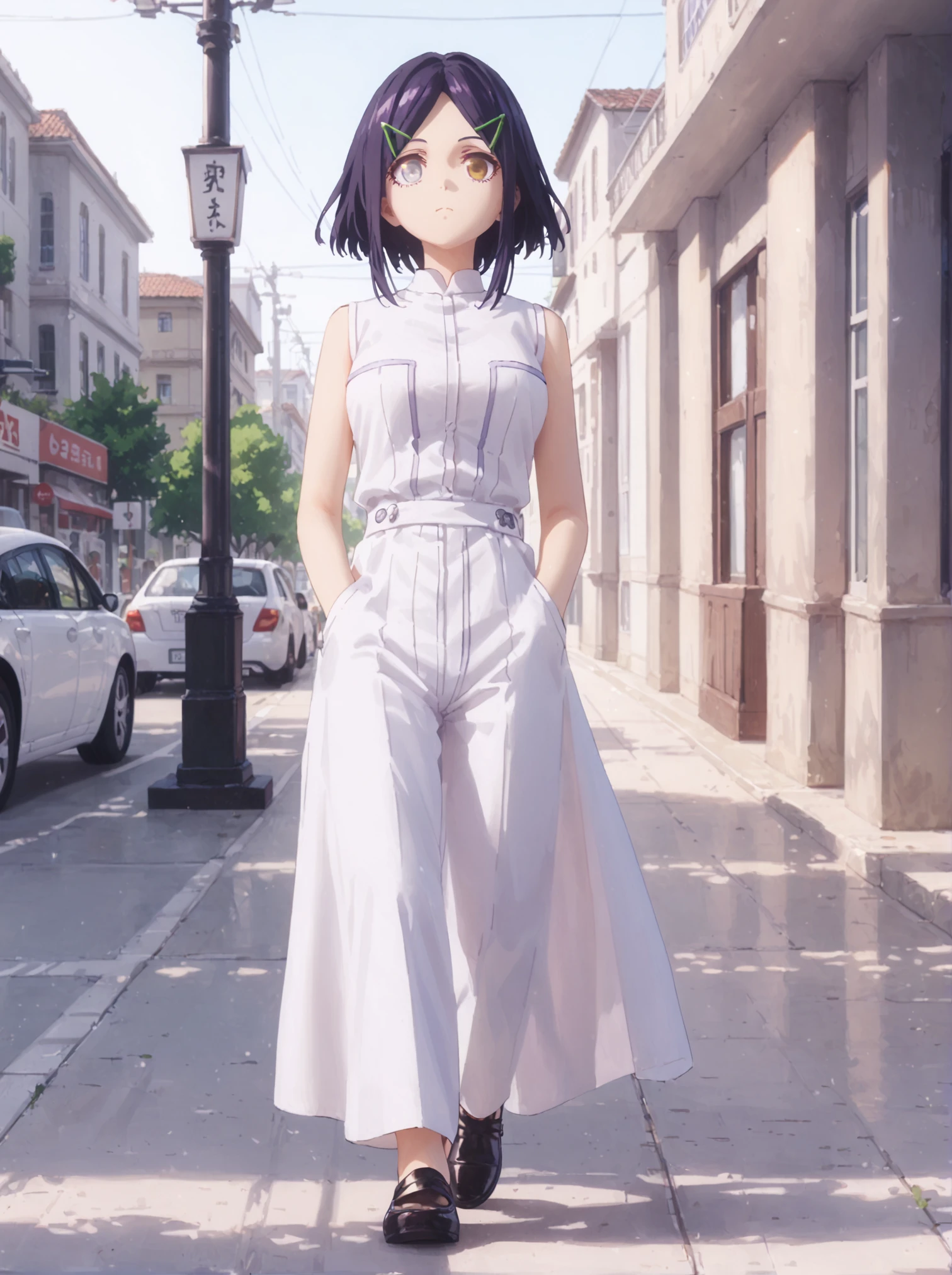 (Masterpiece:1.3), (best quality:1.2), score_9, score_8_up, score_7_up, 1girl, solo, <lora:Angel_Usukubo:1>,vngel_usukubo,white suit hair clip,full-body view, short purple hair, yellow eyes with heterochromia,  walking through a city street in the late afternoon, hands in her pockets, relaxed expression, soft sunlight casting long shadows, gentle breeze blowing her hair, detailed buildings and shopfronts in the background, warm tones from the setting sun, people in the distance, calm and casual atmosphere, subtle movement in her walk, modern city vibe with a relaxed pace,close up