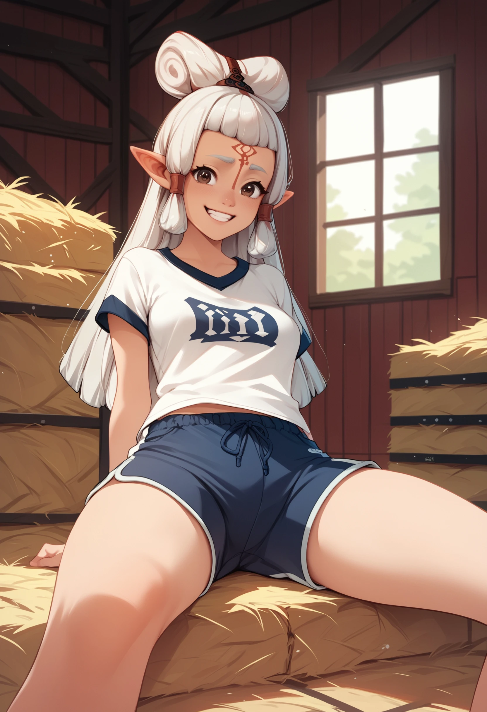 zPDXL3, score_9, score_8_up, score_7_up, score_6_up, score_5_up, score_4_up, 
1girl, solo, medium breasts, 
pointy ears, brown eyes, forehead mark,
forced smile, sitting, 
t-shirt, gym shorts, 
barn,
<lora:BOTW - Paya v1:1> bowpaya,