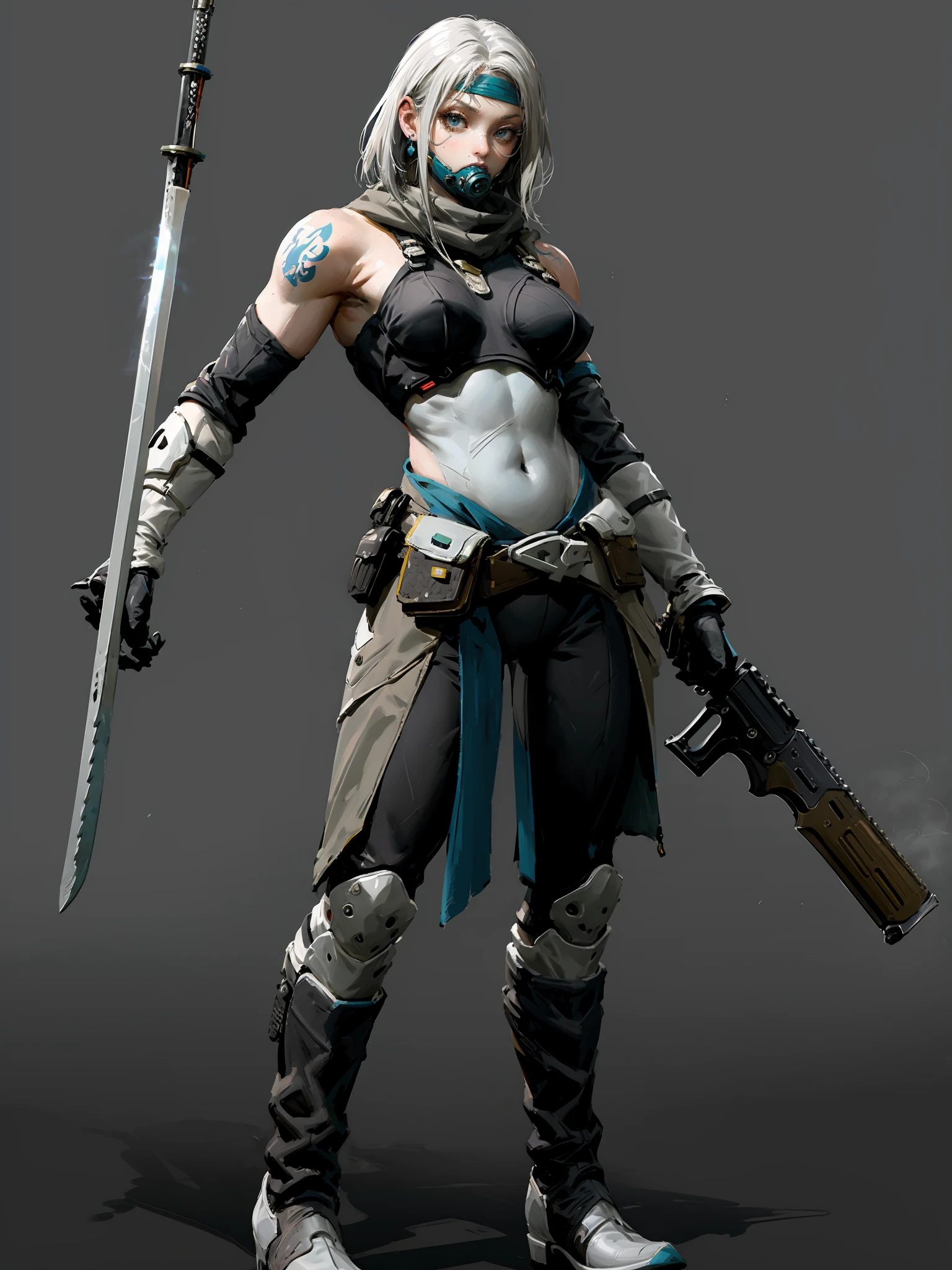 HEZI,game character design,Overwatch style,European and American character design,1girl,solo,weapon,holding weapon,gun,gloves,high heels,full body,holding,boots,jewelry,earrings,breasts,pants,standing,simple background,grey background,holding gun,high heel boots,medium hair,white hair,bare shoulders,bandaid,grey bodysuit,looking at viewer,black gloves,grey eyes,cyberpunk,muscular,bandaid on face,armored boots,arm strap,pouch,black pants,goggles,parted lips,sleeveless,tattoo,short hair,medium breasts,grey hair,bodysuit,cyborg,holster,covered navel,bangs,leotard,muscular female,grey footwear,grey gloves,respirator,tight,blue eyes,rifle,armor,sword,white background,knife,prosthesis,closed mouth,skin tight,knee boots,mask,belt,mask around neck,large breasts,long hair,<lora:é»æç©ºäººç©è®¾è®¡-000011:0.7>,