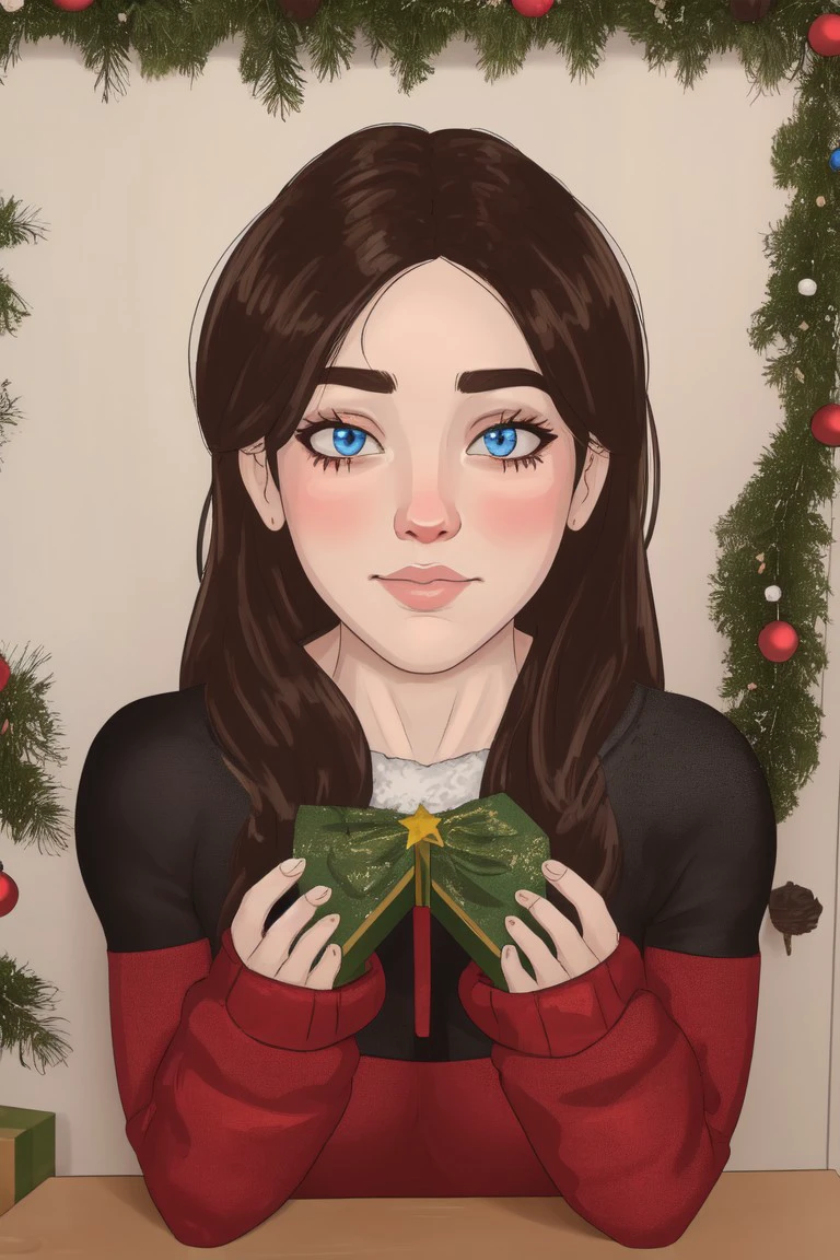 @RocnerArt, Rocner \(Artist\), RocnerArt \(Artist\), 1girl, solo, (((portrait shot))),, looking at viewer, blue eyes, long brown hair, Christmas sweater, background: indoors, winter log cabin with a burning fire place, Christmas tree
