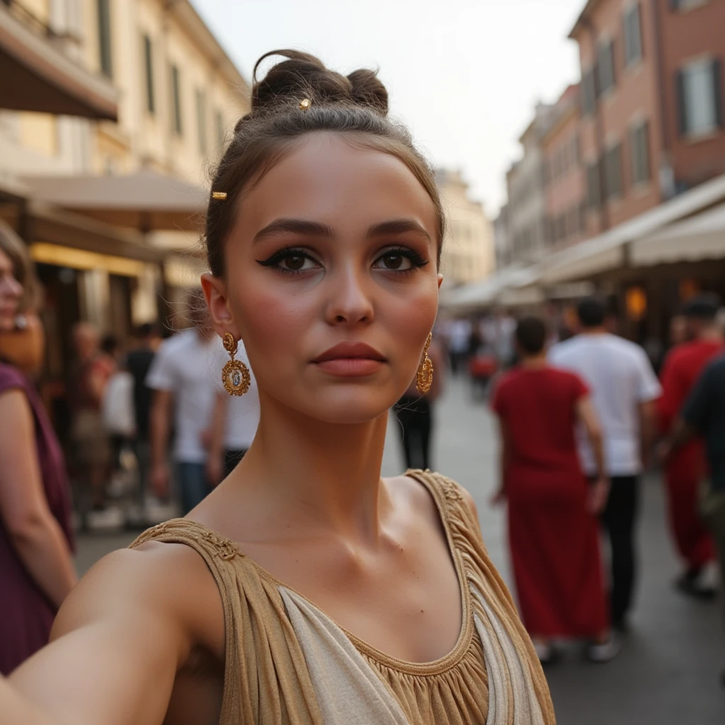 Instagram selfie of a woman during the ancient roman empire standing in the middle of a marketplace in ancient rome with people and merchants all around her. She has a toga on as would be befitting for a madam of the house and has a neutral expression. She has almost no makeup on. Her hair is in an intricate updo and held together by some golden hairpins. , <lora:Lilly_Rose_Depp_FLUX_v1-000040:1>