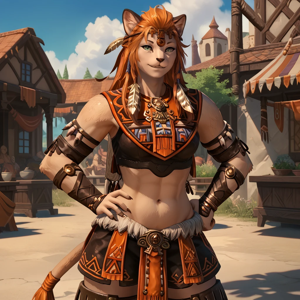 score_9, score_8_up, score_7_up, 1girl, solo, uncensored,  wuklamat, (furry female:0.7), smile, looking at viewer, hand on hip, green eyes, long orange hair, tribal armor, circlet, brown armguards, brown legguards, outdoors, fantasy, town  <lora:WukLamatXL_2.0:1>