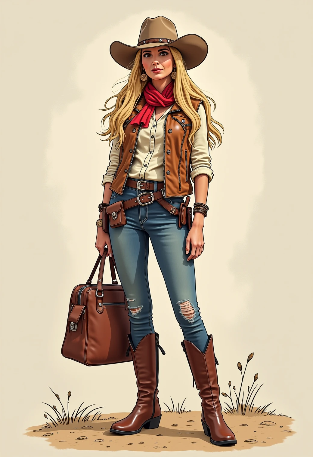 a western style cartoon sketch of ivankatrump, a tall woman with long blonde hair